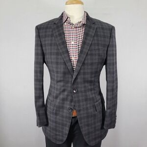 Hugo Boss Men's Sport Coat Blazer Two Button Gray Plaid Wool Slim Stretch 42R